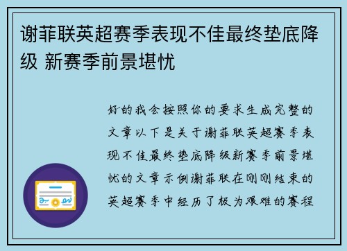 谢菲联英超赛季表现不佳最终垫底降级 新赛季前景堪忧 谢菲联英超赛季表现不佳最终垫底降级 新赛季前景堪忧