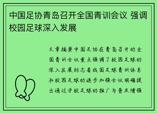 中国足协青岛召开全国青训会议 强调校园足球深入发展
